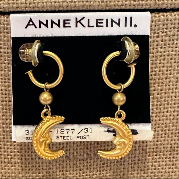 NWT Vintage Anne Klein Earrings “Old Stock” hoops w/ crescent moon face, gold - Picture 5 of 9